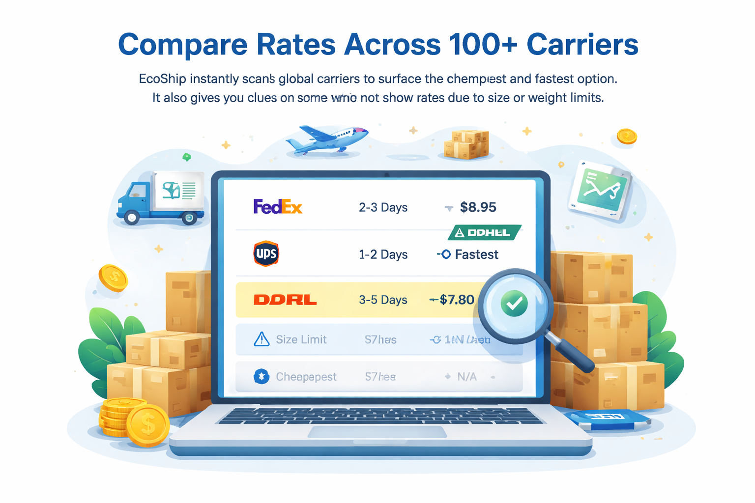 A picture explaing this sectionCompare Rates Across 100 CarriersEcoShip instantly scans global carriers to surface the cheapest and fastest option It-1
